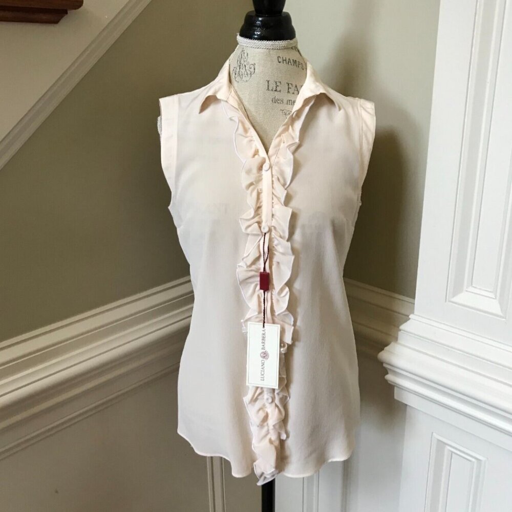 NWT Luciano Barbera Ruffle Blouse Top Shirt Womens 44 Medium 8 Peach Cream NEW